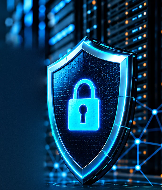 A glowing blue shield with a padlock, in front of server racks.