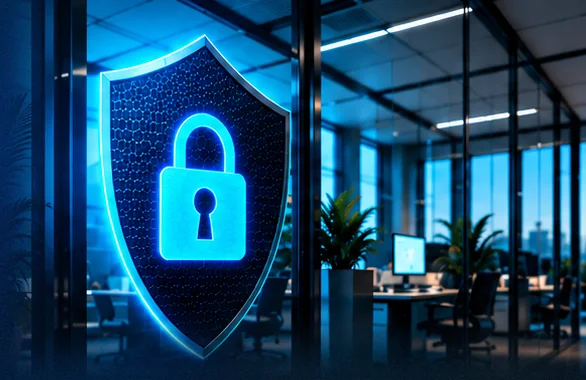 A glowing shield and padlock in a modern office at night.